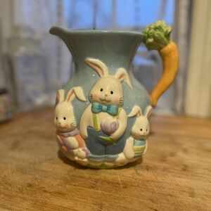 Blossoms & Blooms Figural Bunny Pitcher Carrot Handle Easter Pitcher 9” tall